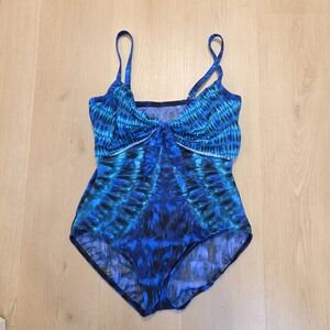 Miraclesuit Blue Black Watercolor Bow Padded Swim Bathing Suit One Piece Size 12
